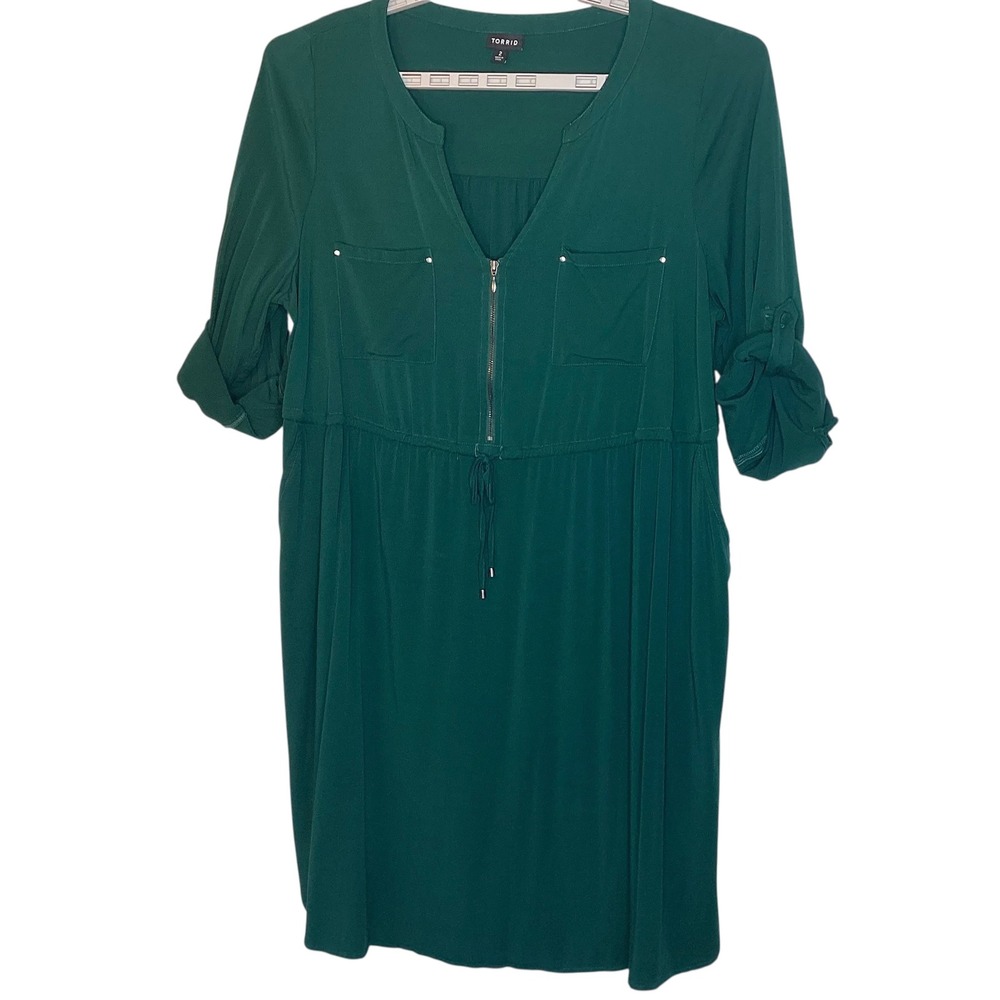 Torrid 2X Green Zip Front Roll Tab Sleeve Shirt Dress Drawstring Waist Work EUC